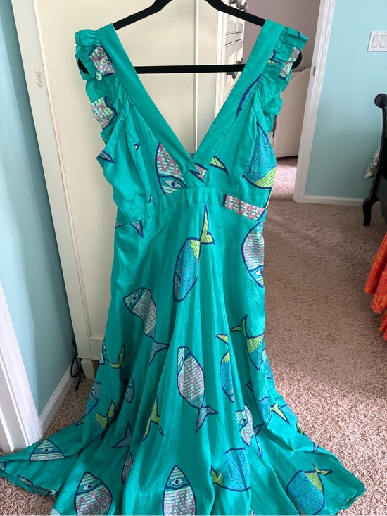 Anthropologie Dresses & Skirts - Anthropologie Silk Teal Ruffled V-Neck Fish Print Maxi Dress